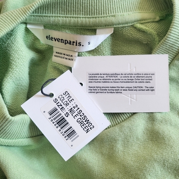 New ELEVEN PARIS Make Fashion 100% Cotton Pullover Green Sweatshirt NWT Sz Small - Picture 8 of 10